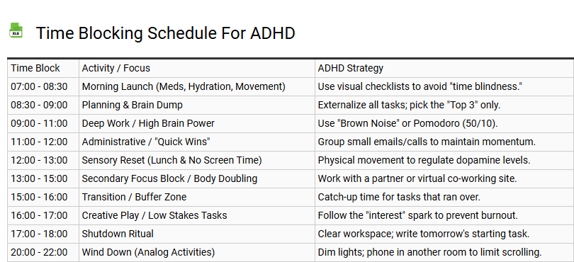 Time Blocking Schedule for ADHD