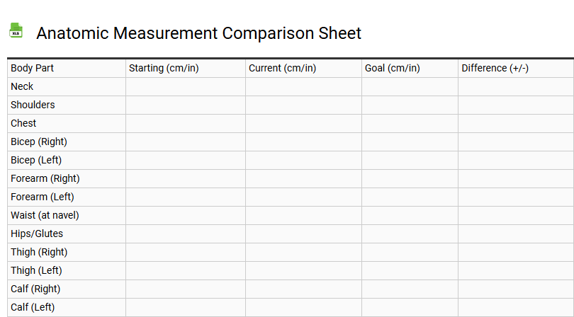 Anatomic Measurement Comparison Sheet