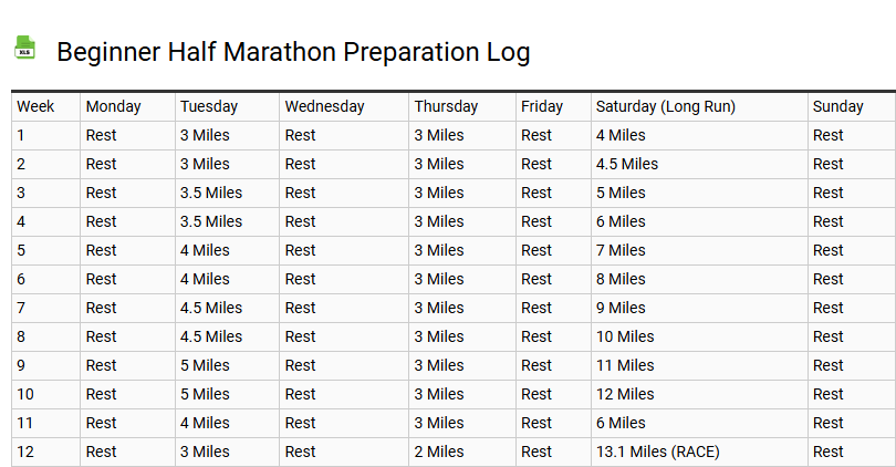 Beginner Half Marathon Preparation Log