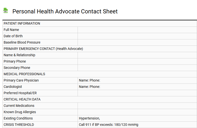 Personal Health Advocate Contact Sheet