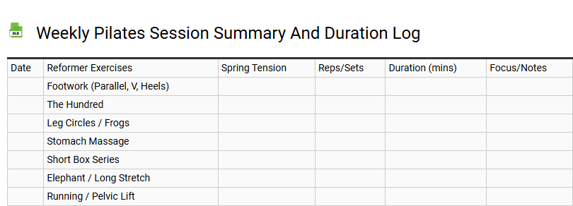 Weekly Pilates Session Summary and Duration Log