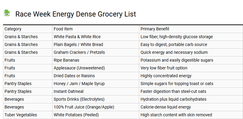 Race Week Energy Dense Grocery List