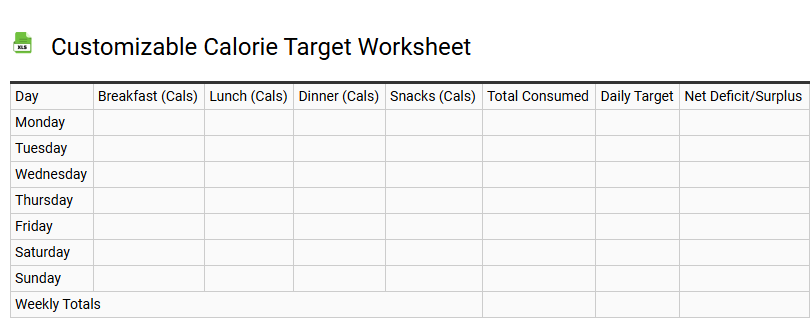 Customizable Calorie Target Worksheet