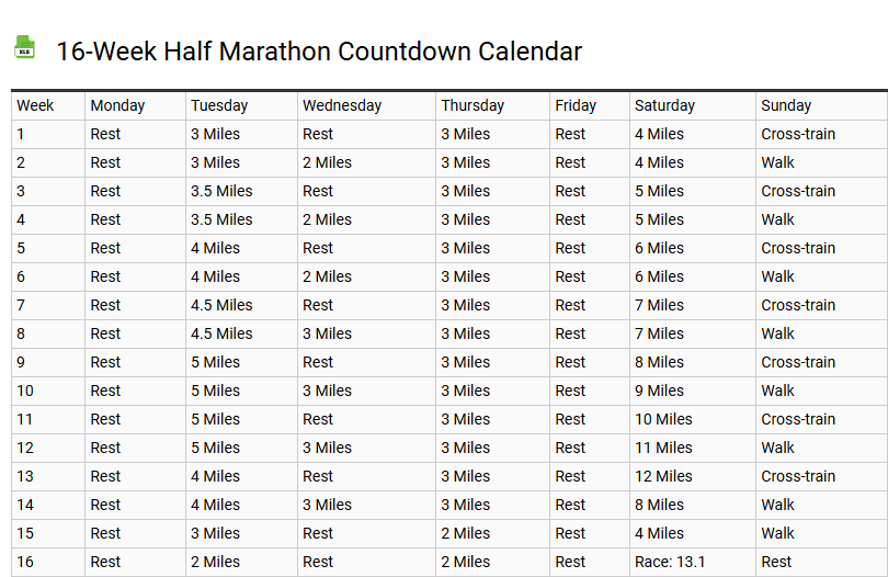 16-Week Half Marathon Countdown Calendar