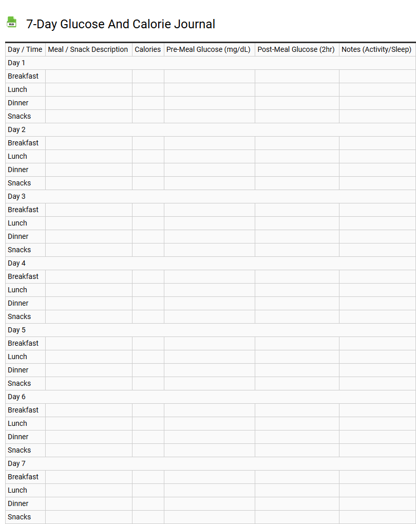 7-Day Glucose and Calorie Journal