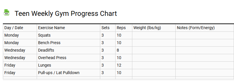 Teen Weekly Gym Progress Chart