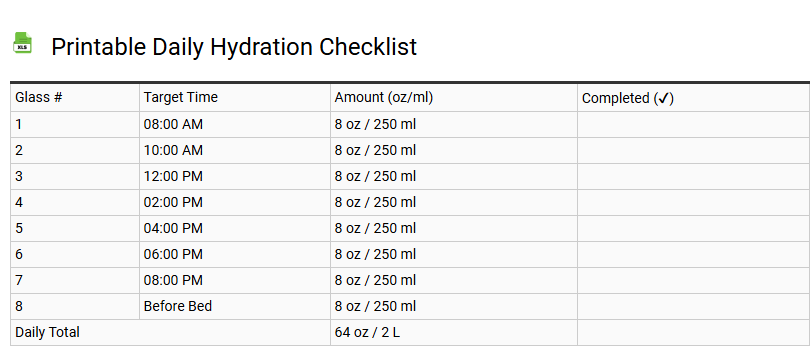 Printable Daily Hydration Checklist