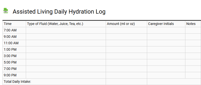 Assisted Living Daily Hydration Log