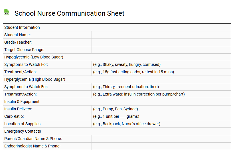 School Nurse Communication Sheet
