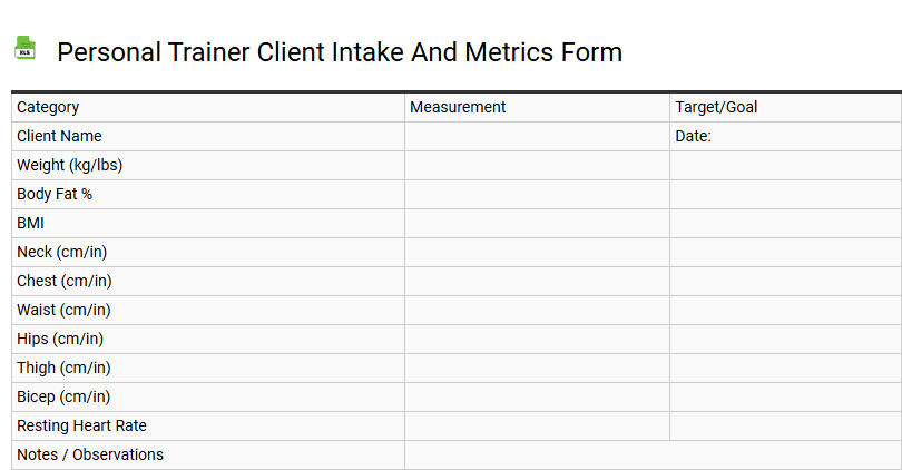 Personal Trainer Client Intake and Metrics Form