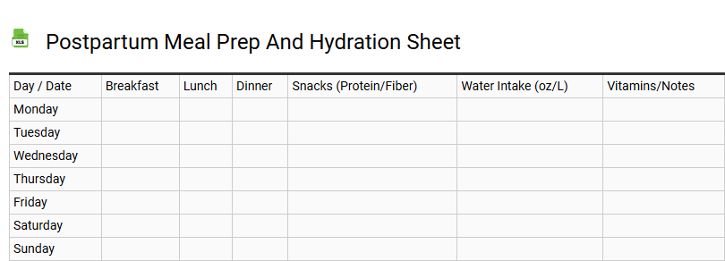 Postpartum Meal Prep and Hydration Sheet