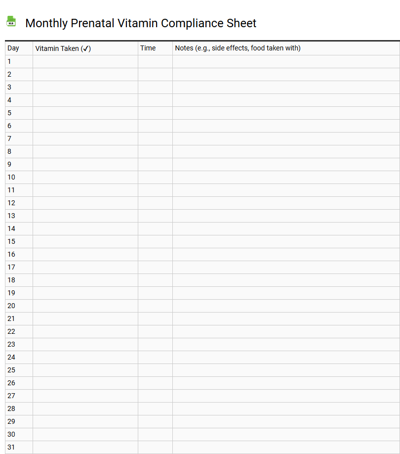Monthly Prenatal Vitamin Compliance Sheet