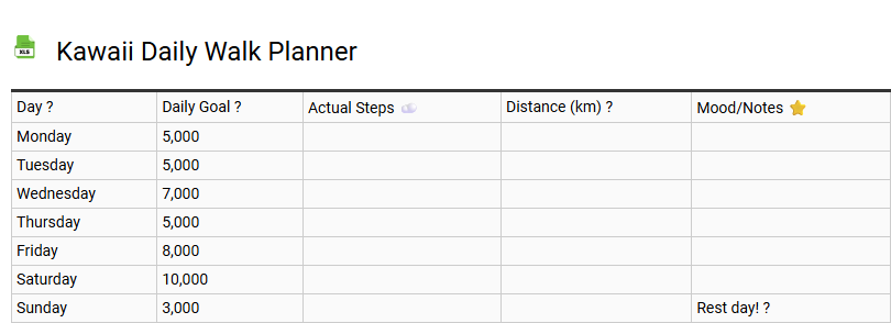 Kawaii Daily Walk Planner