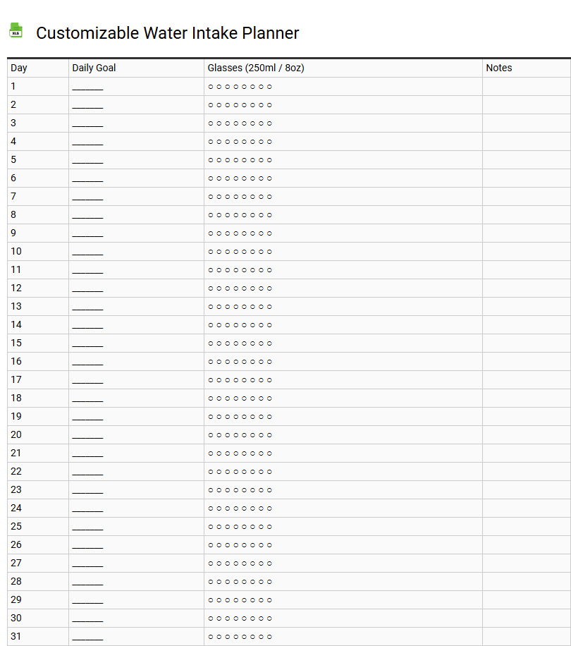 Customizable Water Intake Planner