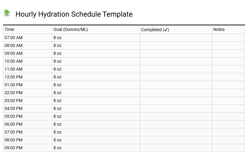Hourly Hydration Schedule Template