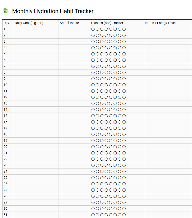 Monthly Hydration Habit Tracker