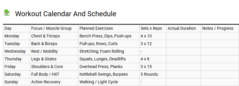 Workout Calendar and Schedule