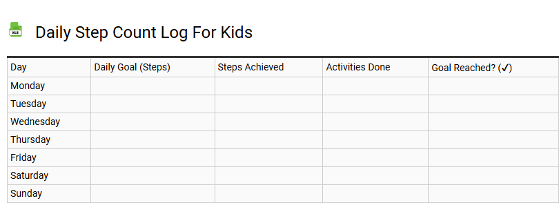 Daily Step Count Log for Kids