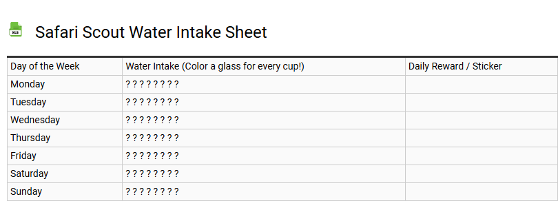 Safari Scout Water Intake Sheet