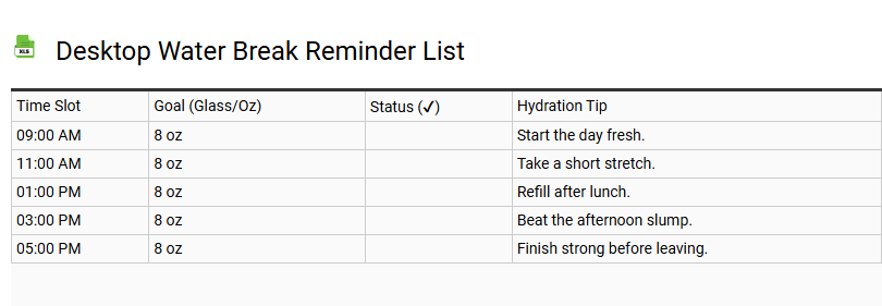 Desktop Water Break Reminder List