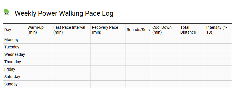 Weekly Power Walking Pace Log