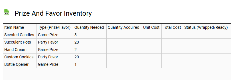 Prize and Favor Inventory