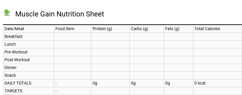 Muscle Gain Nutrition Sheet