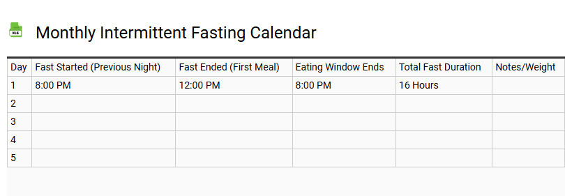 Monthly Intermittent Fasting Calendar