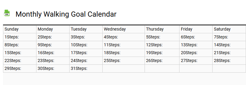 Monthly Walking Goal Calendar
