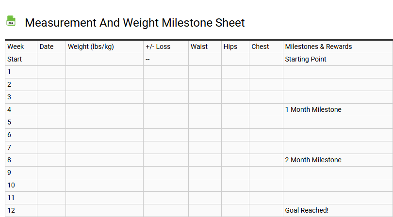 Measurement and Weight Milestone Sheet