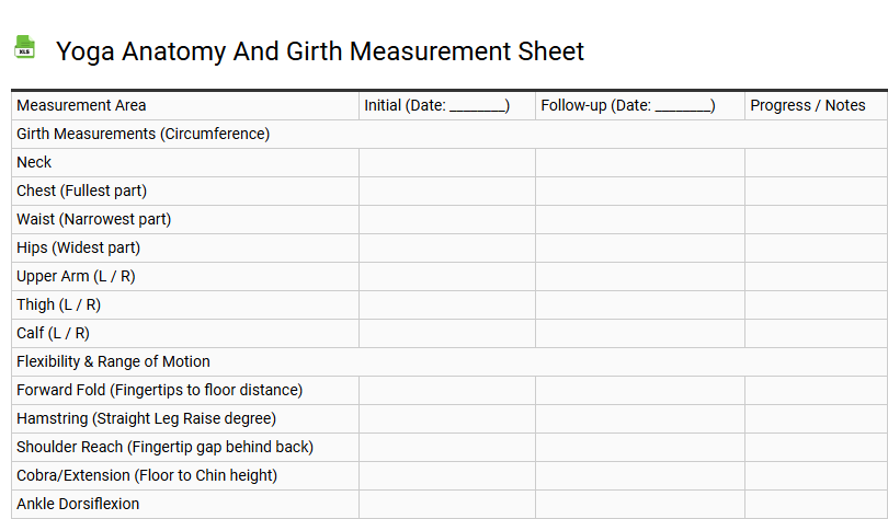 Yoga Anatomy and Girth Measurement Sheet