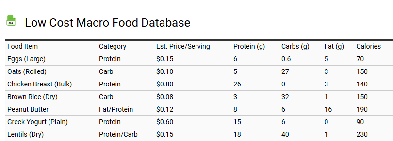 Low Cost Macro Food Database