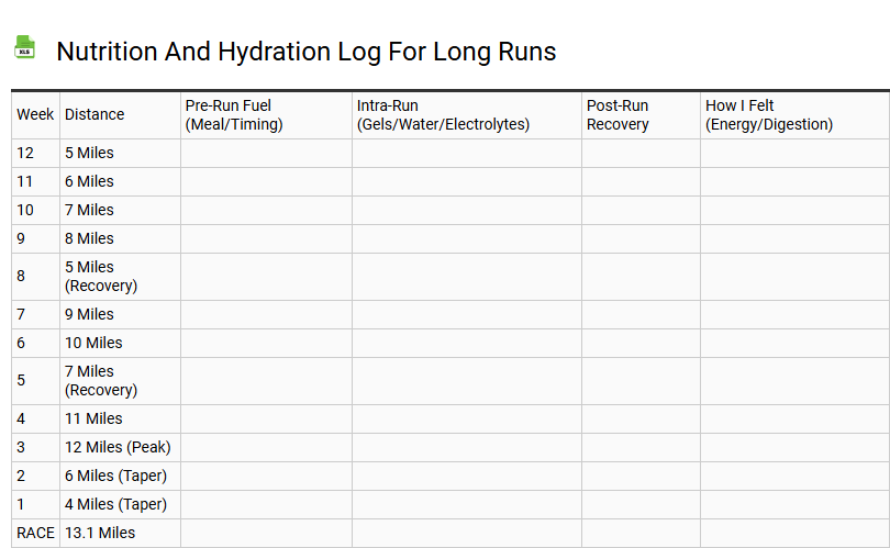 Nutrition and Hydration Log for Long Runs