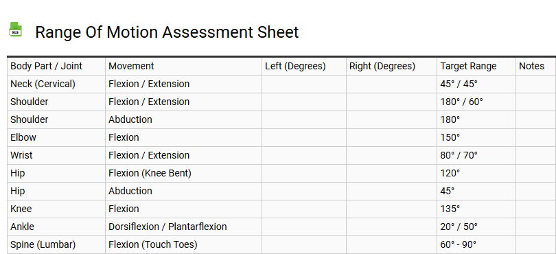 Range of Motion Assessment Sheet