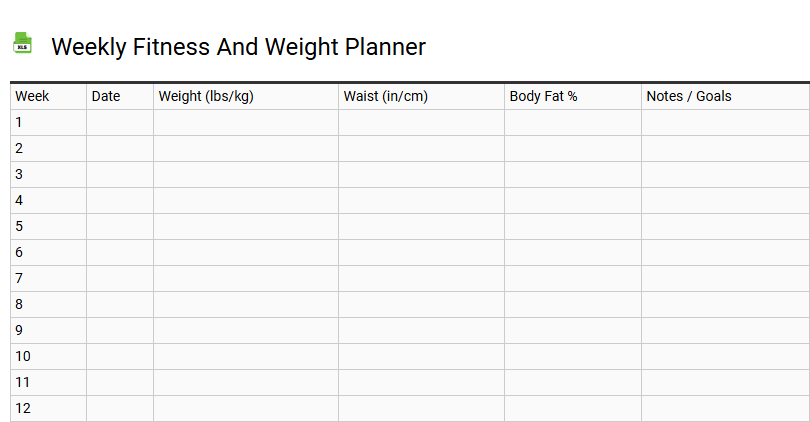 Weekly Fitness and Weight Planner