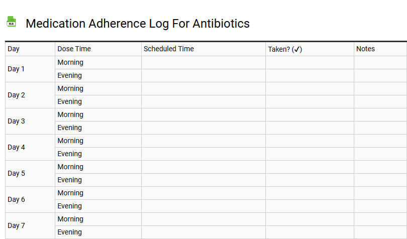 Medication Adherence Log for Antibiotics