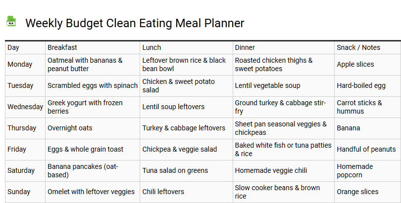 Weekly Budget Clean Eating Meal Planner