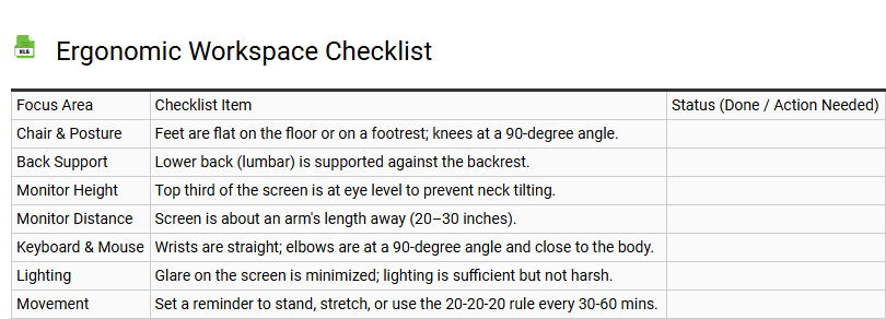 Ergonomic Workspace Checklist