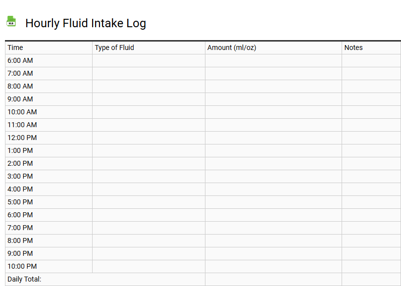Hourly Fluid Intake Log