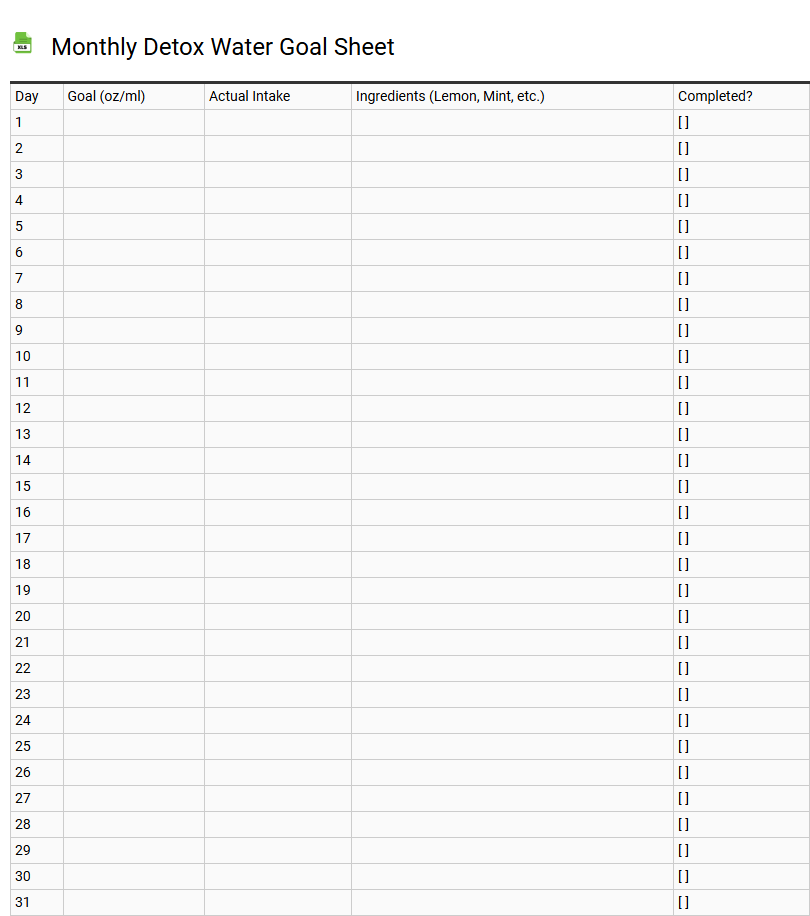 Monthly Detox Water Goal Sheet