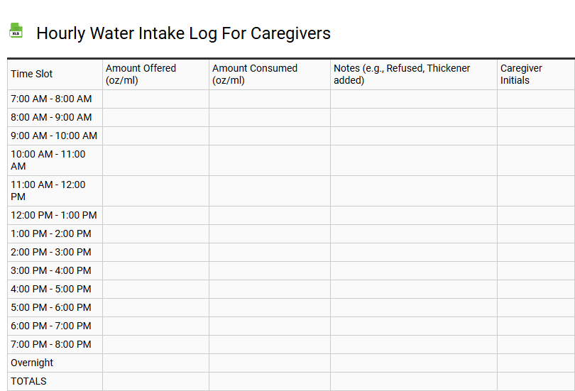 Hourly Water Intake Log for Caregivers