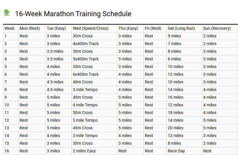 16-Week Marathon Training Schedule