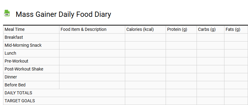 Mass Gainer Daily Food Diary