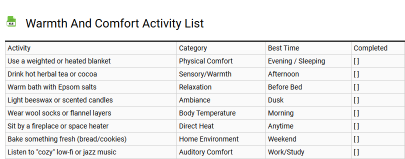 Warmth and Comfort Activity List