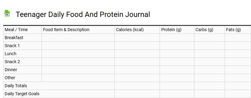 Teenager Daily Food and Protein Journal