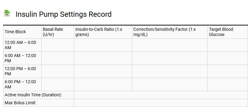 Insulin Pump Settings Record