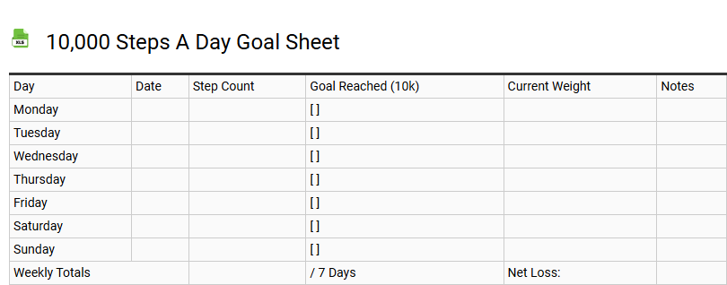 10,000 Steps a Day Goal Sheet