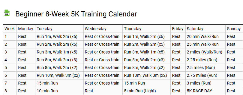 Beginner 8-Week 5K Training Calendar