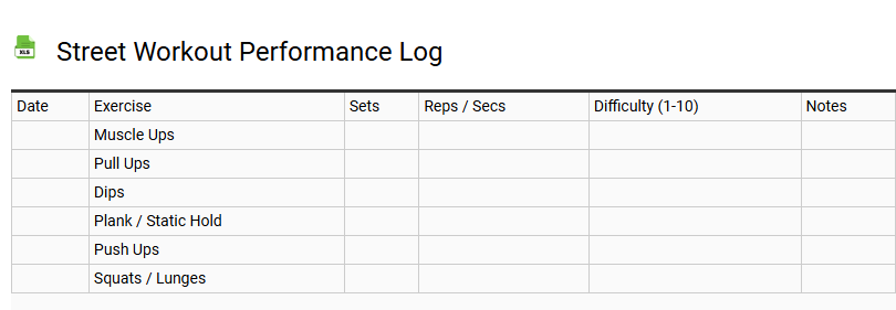 Street Workout Performance Log
