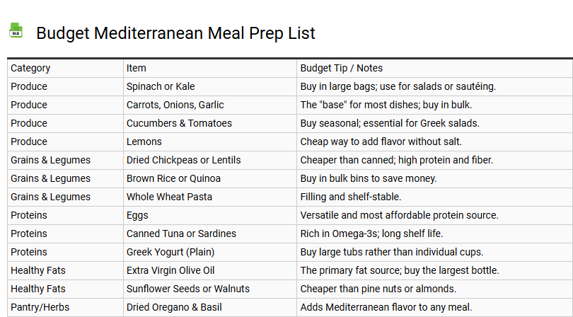 Budget Mediterranean Meal Prep List